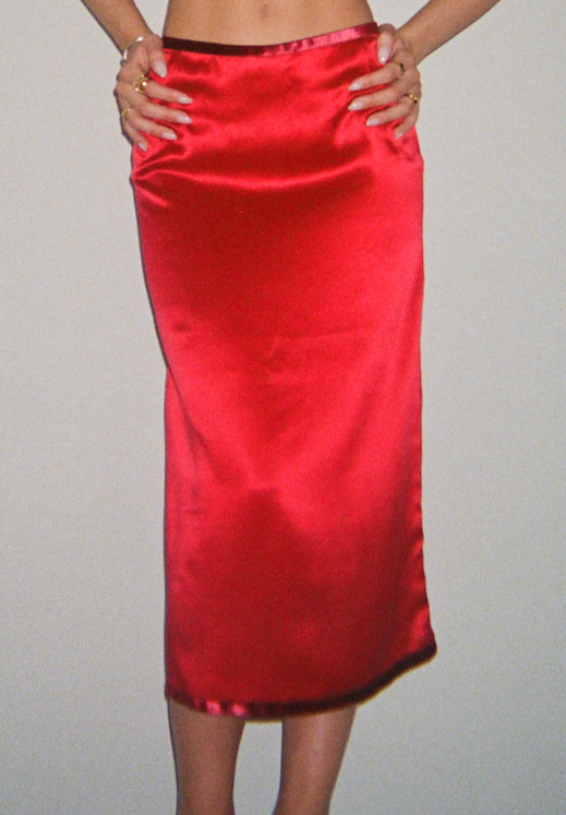 Prada Red Satin Midi Skirt