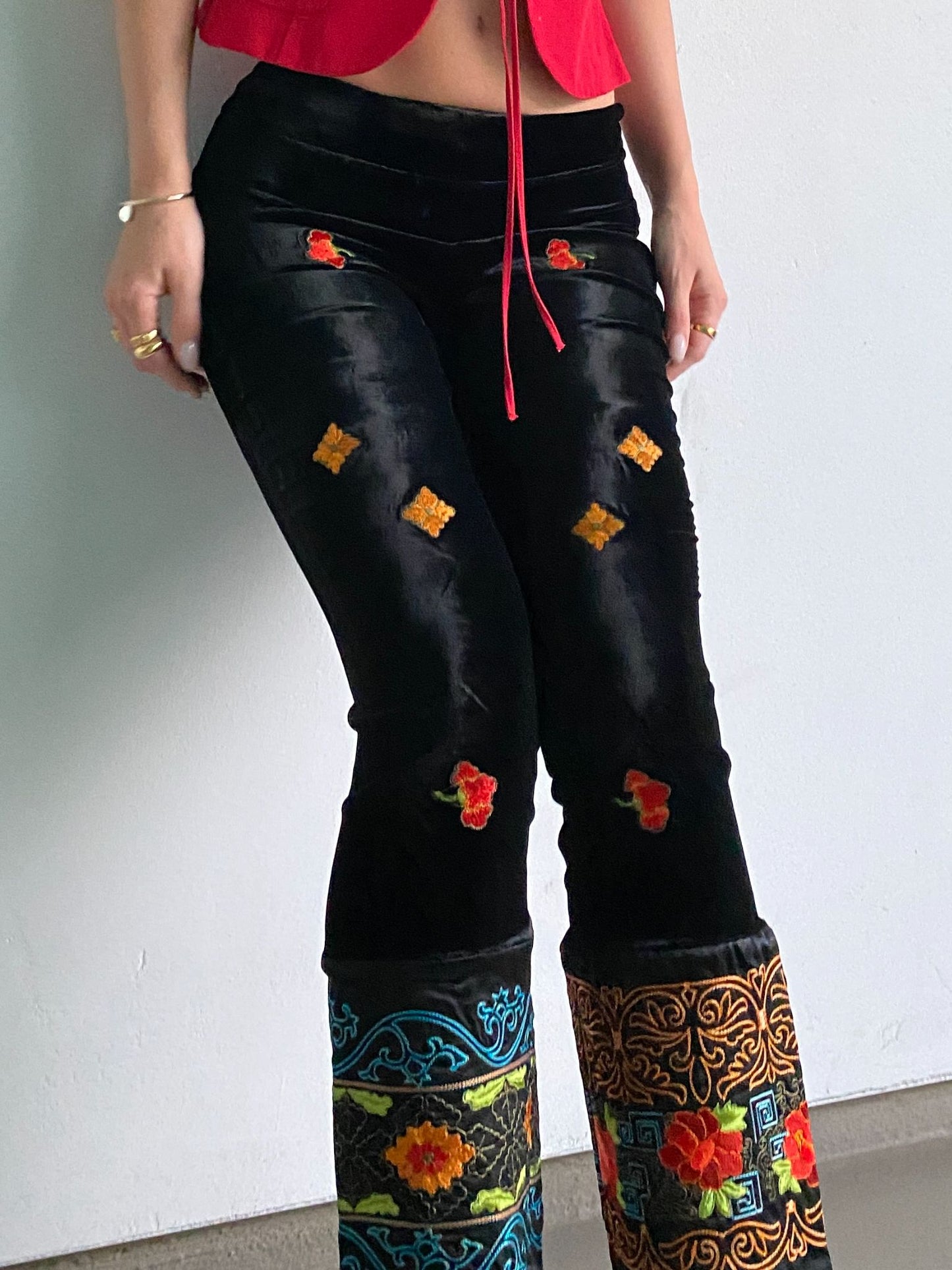 Vintage Black Velvet Pants With Colorful Design Detail