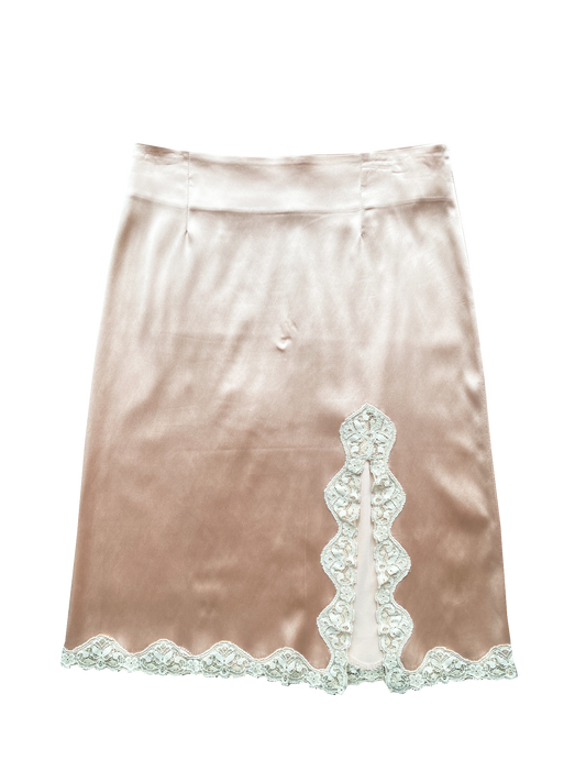 Vintage Light Pink Satin Skirt With Lace