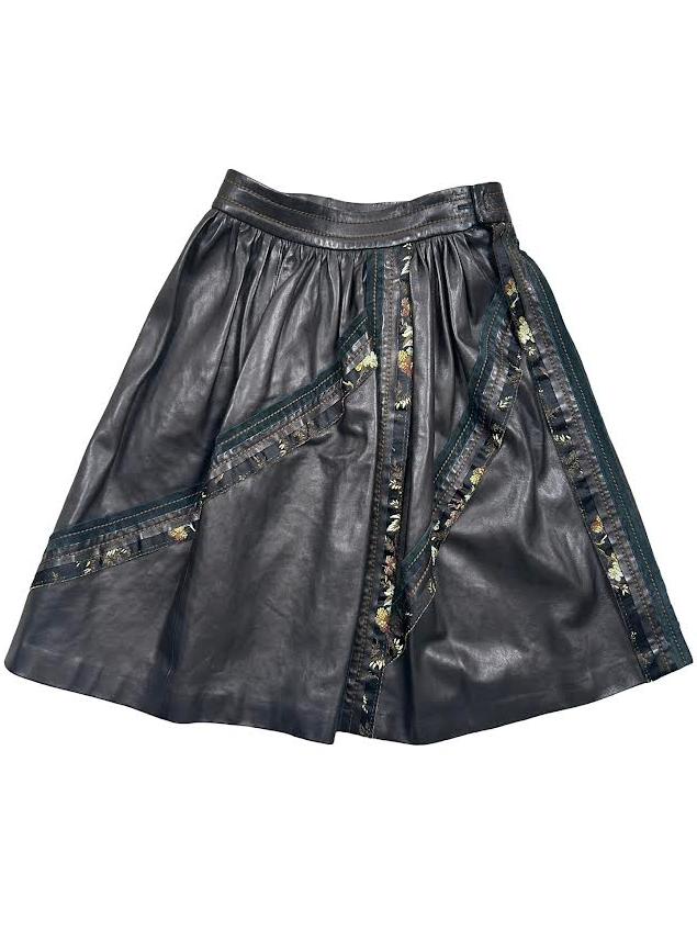 Prada Black Leather & Embroidered Midi Skirt