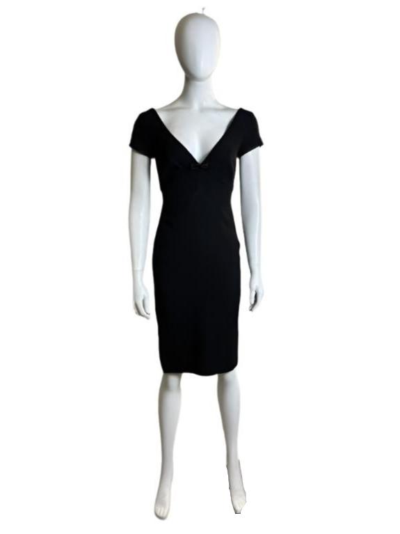 Dolce & Gabbana Black Wide V Midi Dress With Bow Detail