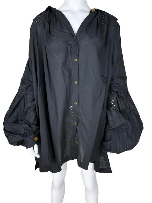 Vivienne Westwood Black Linen Button Up Dress With Puffy Sleeves