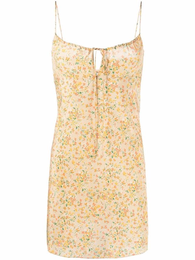 Saint Laurent Yellow Floral Mini Dress With Front Tie