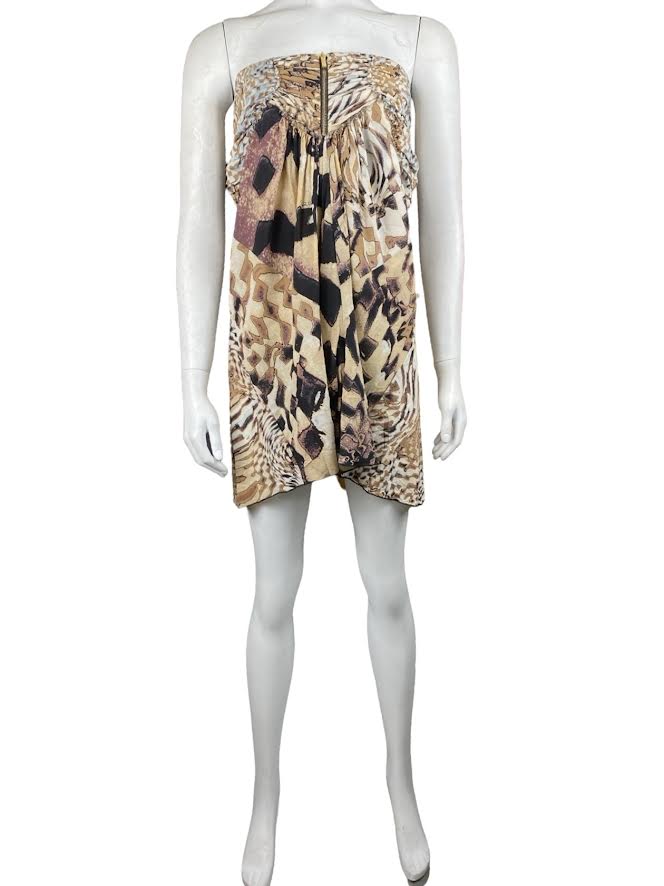 Roberto Cavalli Beige Aztec Printed Strapless Mini Dress