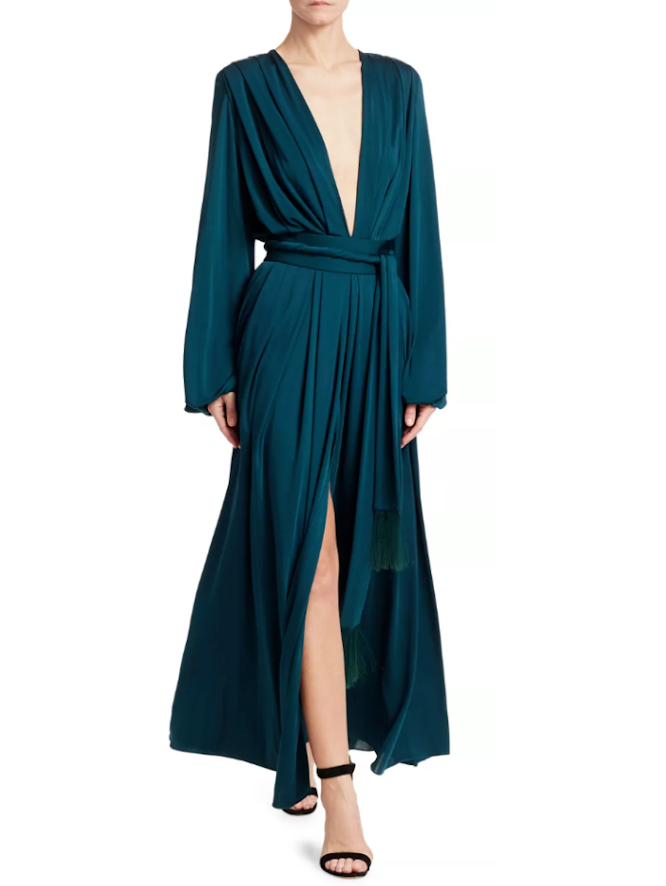 Oscar de la Renta Blue Long Sleeve Plunged Neckline Maxi Dress