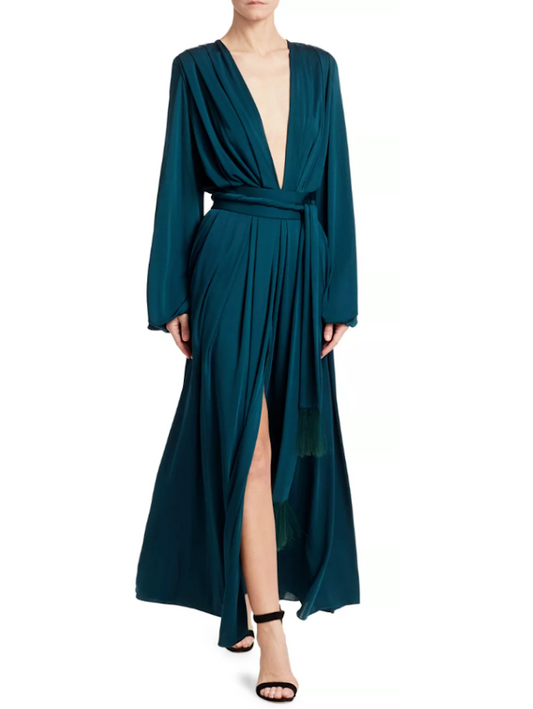 Oscar de la Renta Blue Long Sleeve Plunged Neckline Maxi Dress