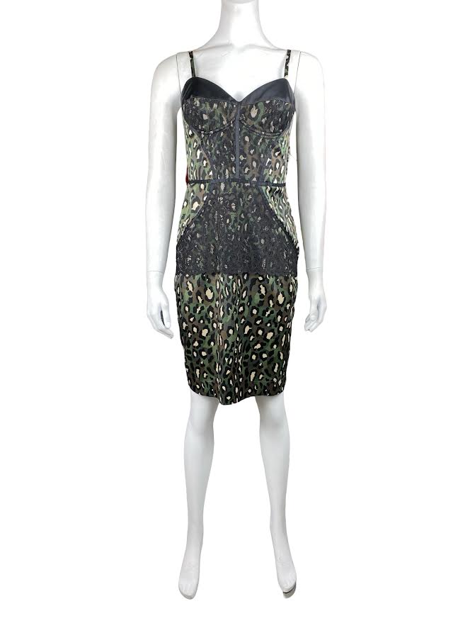 Roberto Cavalli Green & Black Cheetah Print Midi Dress With Lace Detail