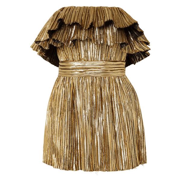 Saint Laurent Gold Ribbed Mini Dress With Ruffle Detail