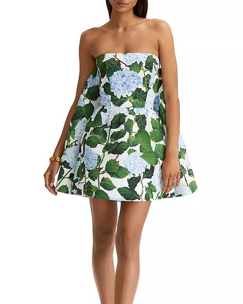 Oscar de la Renta Blue & Green Hydrangea Strapless Mini Dress