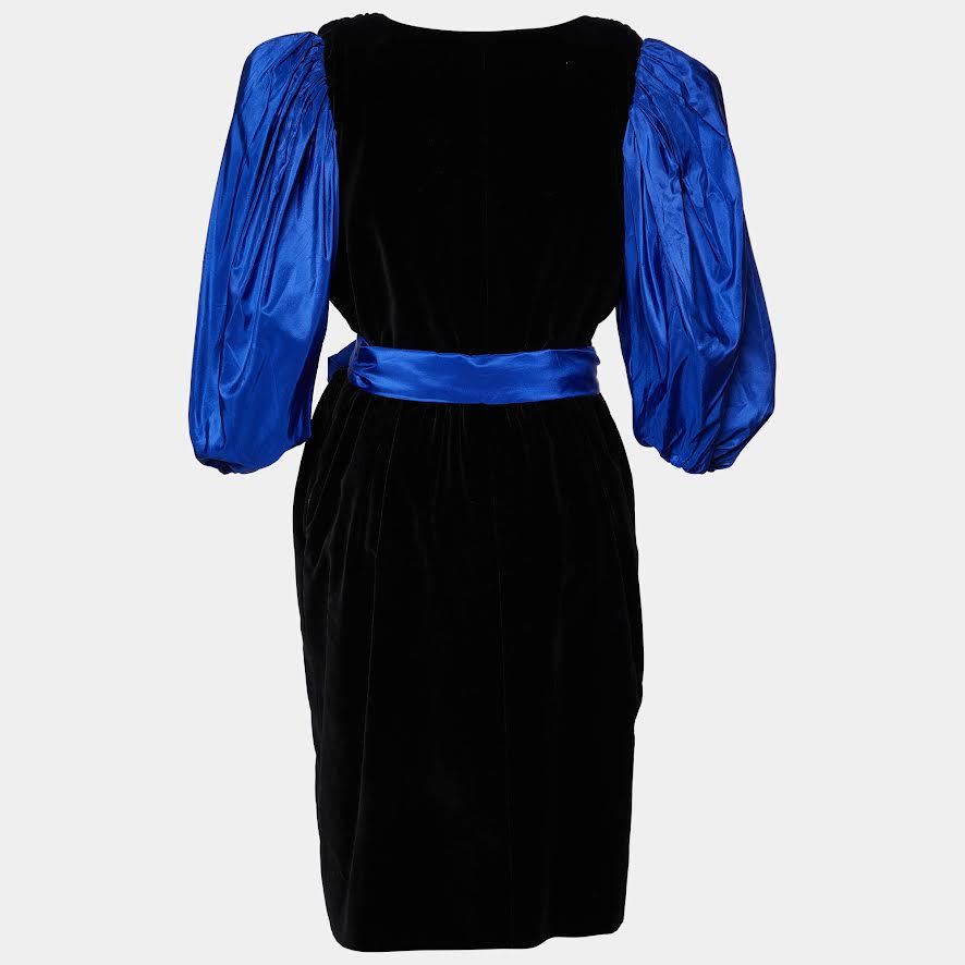 Saint Laurent Black Velvet 1/4 Blue Sleeve Dress With Matching Bow Detail