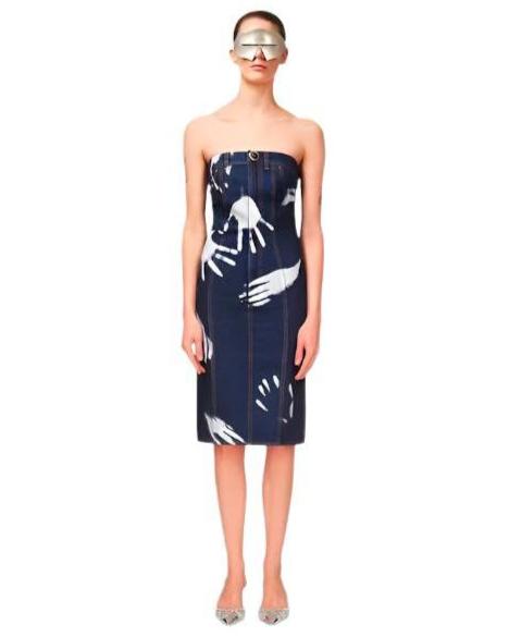 Area Blue Denim Handprint Strapless Midi Dress