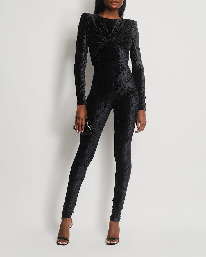 Saint Laurent Black Velvet Long Sleeve Catsuit With Twist Detail