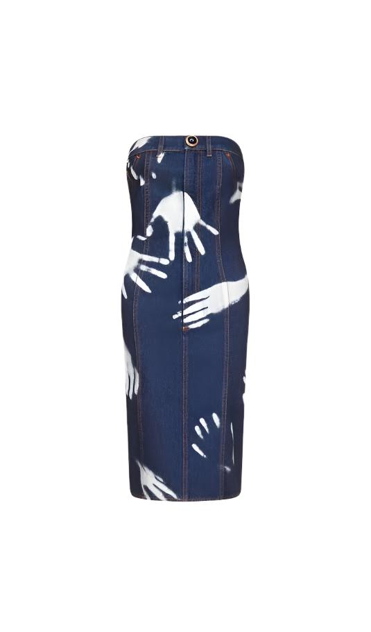 Area Blue Denim Handprint Strapless Midi Dress