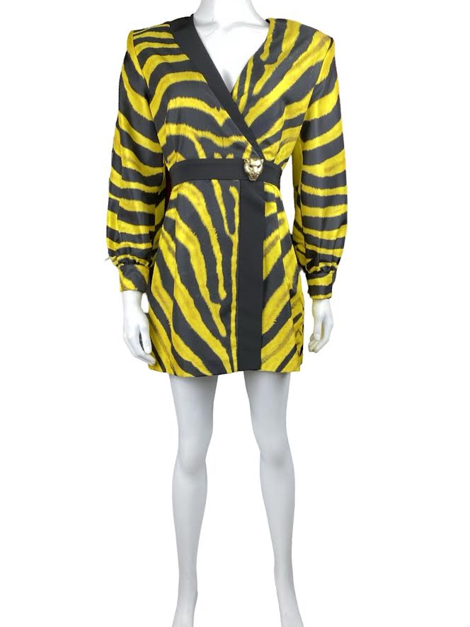 Roberto Cavalli Yellow & Black Tiger Printed Long Sleeve Mini Dress