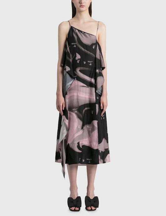 Off-White Pink & Black Swirly Designed A symmetrical Neck Midi Dress