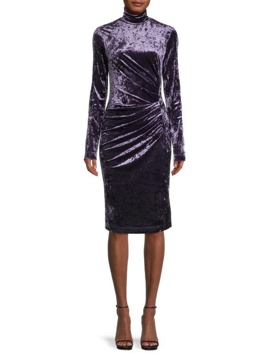 Off-White Purple Velvet Long Sleeve Midi Dress