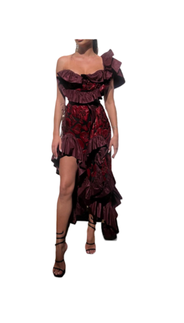 Vivienne Westwood Maroon & Red One Shoulder Ruffled Gown