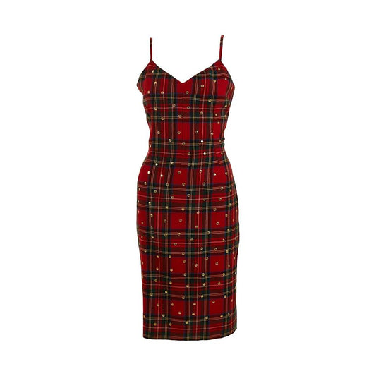 Dolce & Gabbana Red Plaid Strapless Midi Dress With Studs