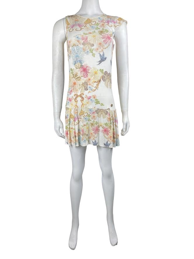 Roberto Cavalli White & Floral Flowy Mini Dress