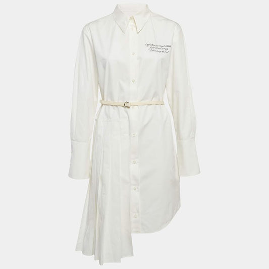 Off-White White Long Sleeve Button Up Dress With Belt