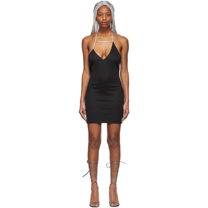 Area Black Mini Asymmetrical Mini Dress With Rhinestone Straps