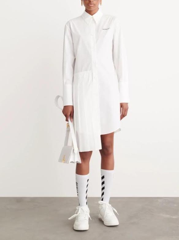 Off-White White Long Sleeve Button Up Dress With Belt