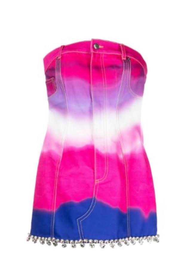 Area Pink Denim Watercolor Strapless Mini Dress With Rhinestone Detail