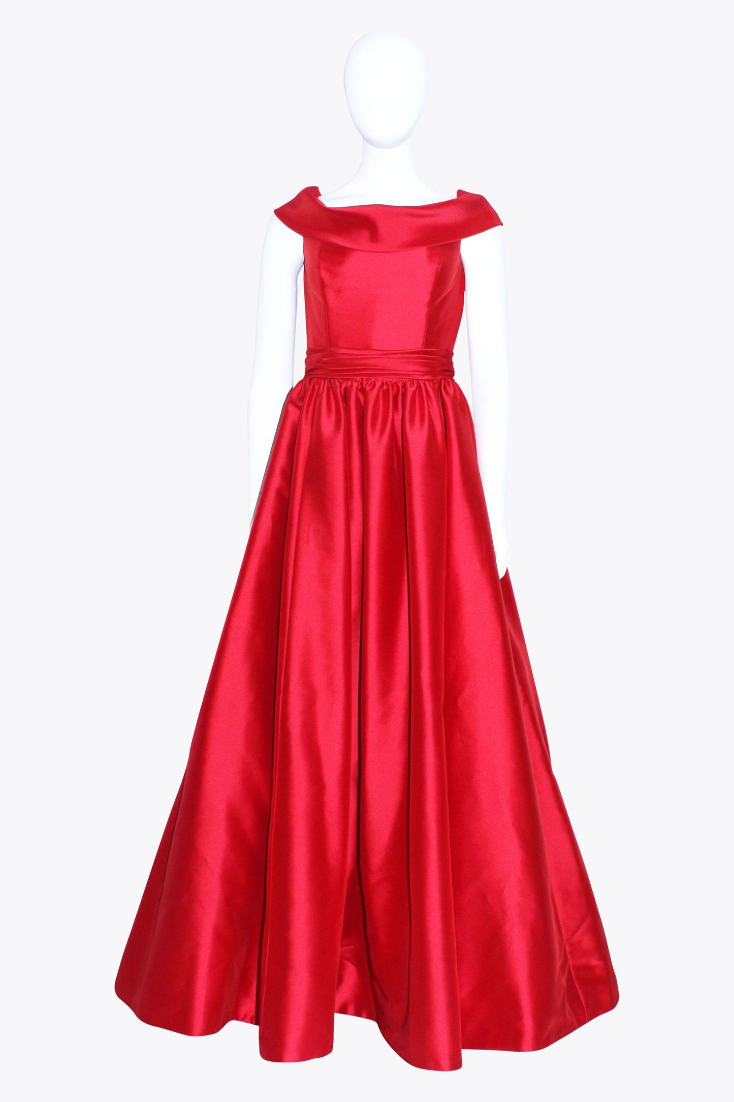 Vintage Red Off Shoulder Pleated Satin Gown