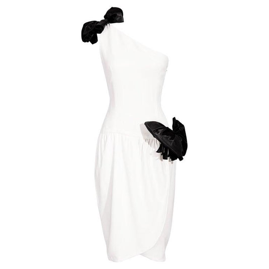 Oscar de la Renta White One Shoulder Midi Dress With Black Bow Detail