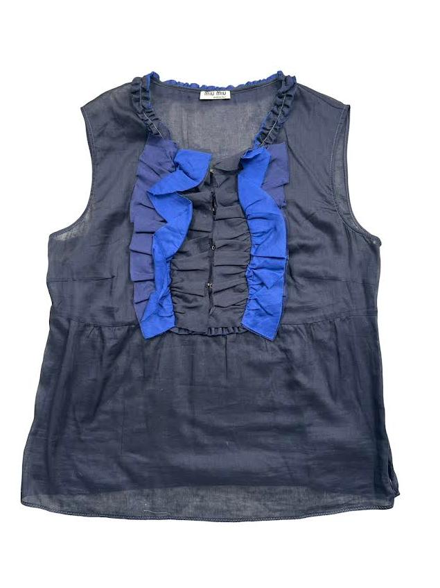 Miu Miu Black Sleeveless Top With Blue Ruffle Detail