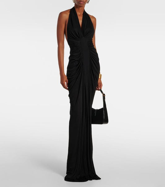 Saint Laurent Black Halter Neck Ruched Gown