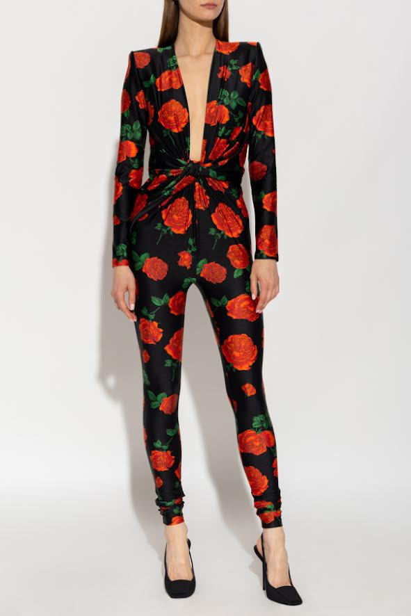 Saint Laurent Black & Red Rose Patterned Long Sleeve Catsuit