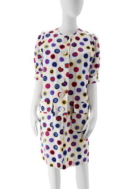 Saint Laurent Multi Colored Dotted Shortsleeve Midi Dress