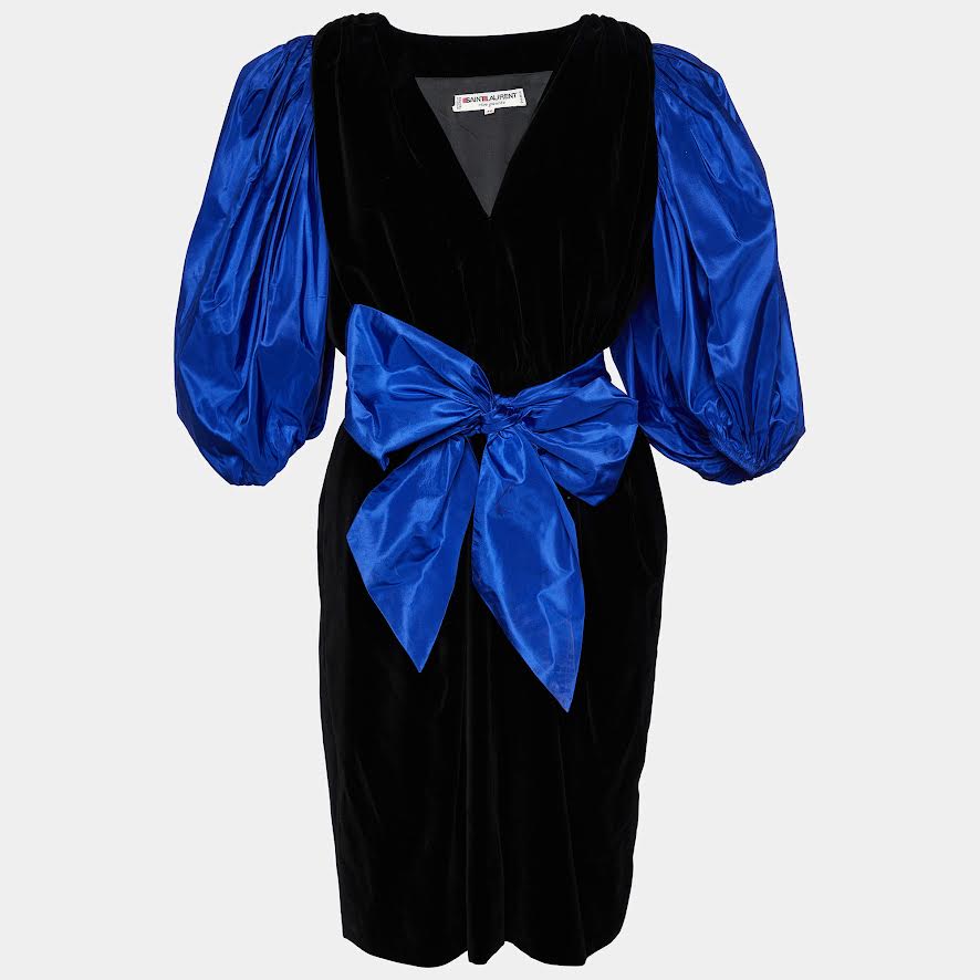 Saint Laurent Black Velvet 1/4 Blue Sleeve Dress With Matching Bow Detail