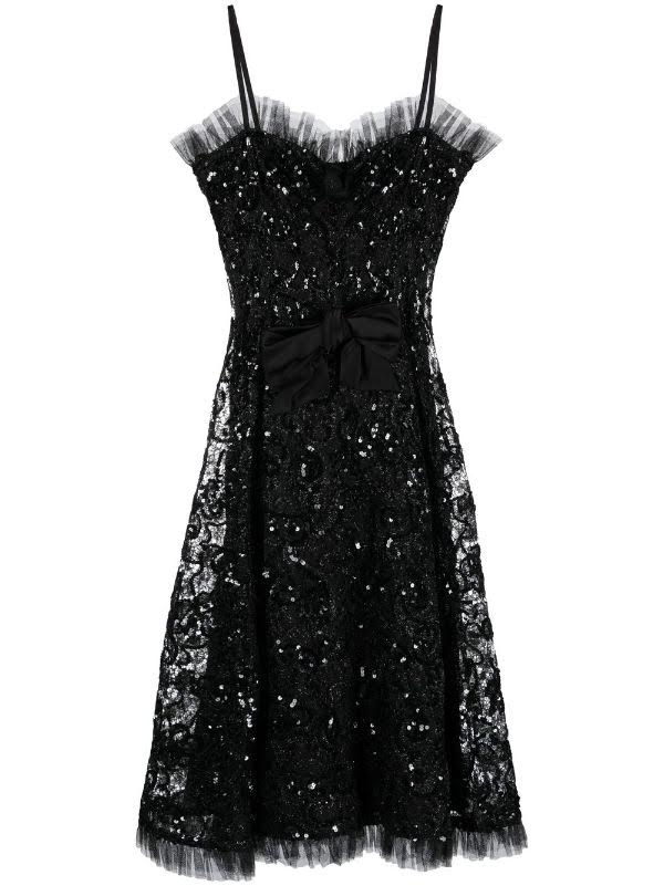 Saint Laurent Black Sequin & Lace Sleeveless Dress With Bow Detail