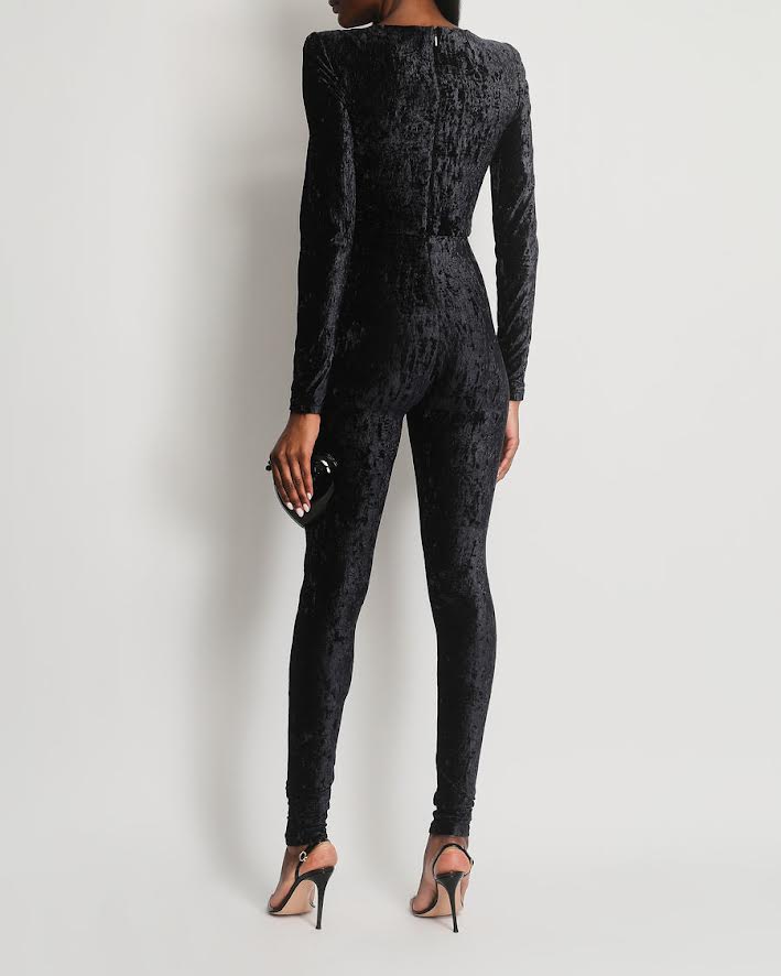 Saint Laurent Black Velvet Long Sleeve Catsuit With Twist Detail