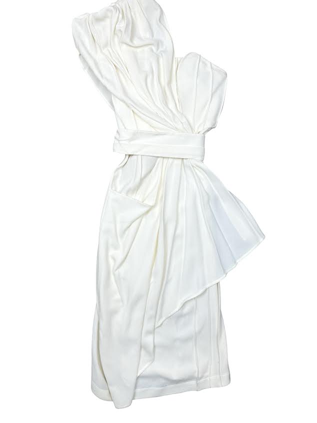 Mugler White One Shoulder Pleated Midi Dress With Belt