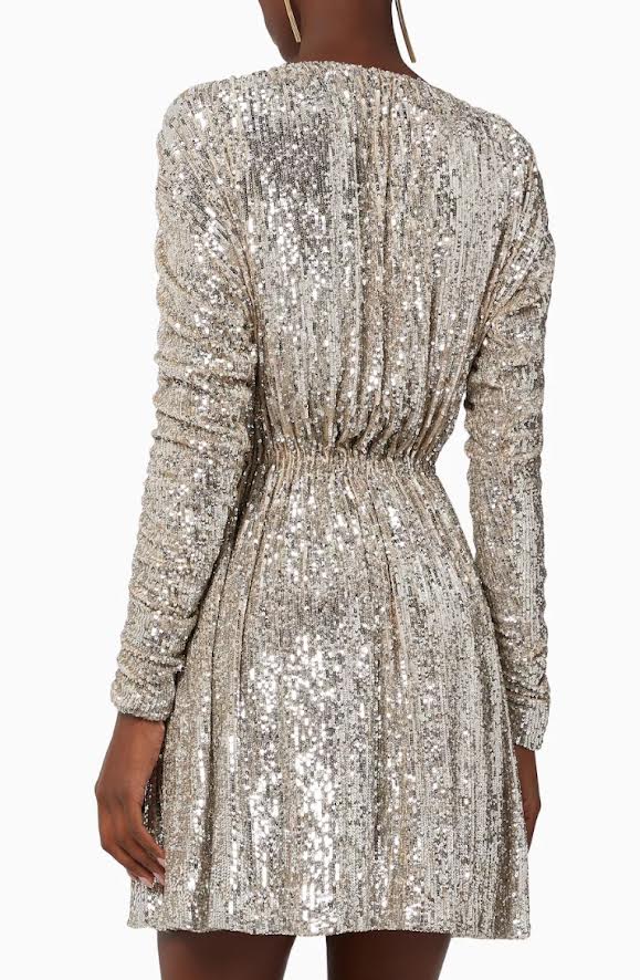 Saint Laurent White Sequin Long Sleeve Cinched Waist Mini Dress