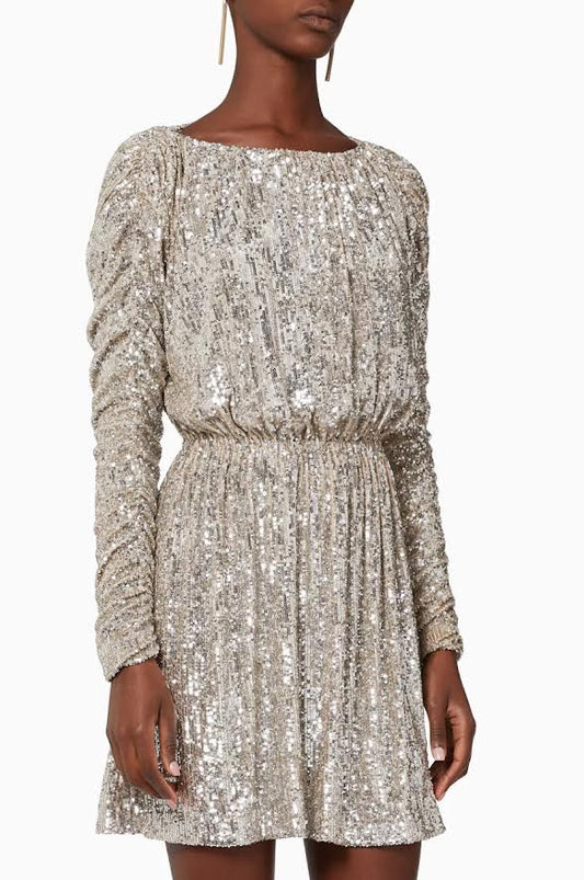 Saint Laurent White Sequin Long Sleeve Cinched Waist Mini Dress