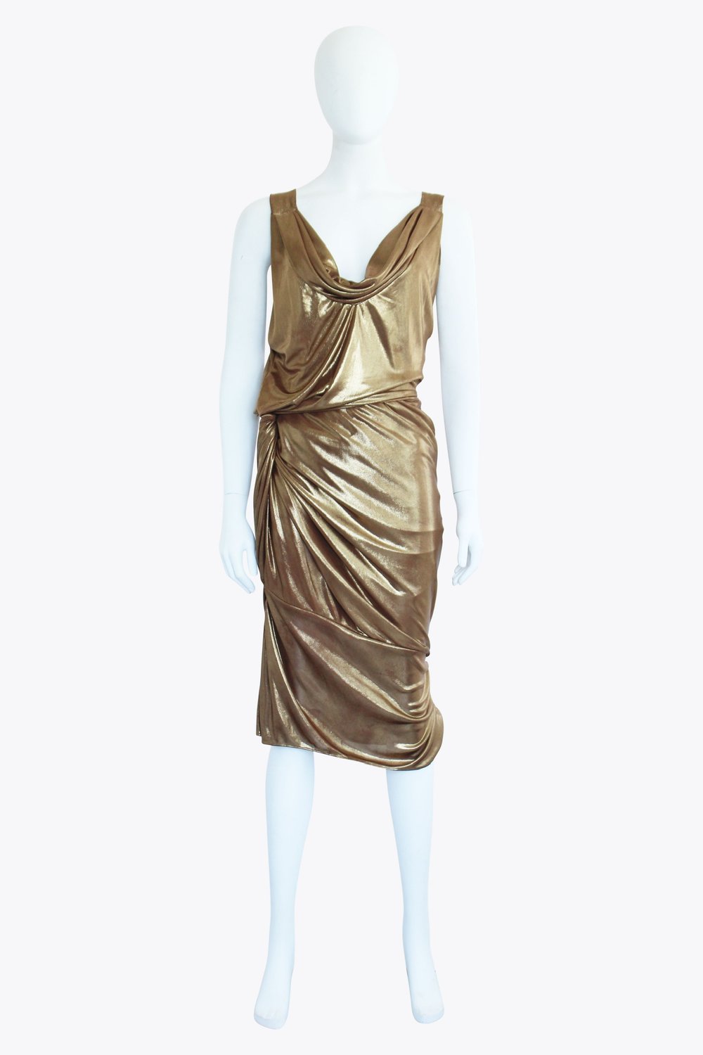 Halston Gold Draped Midi Dress