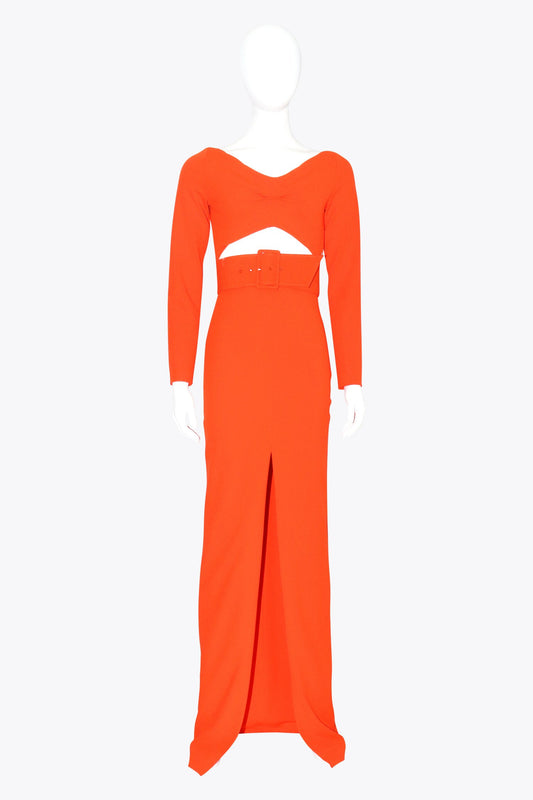 Solace London Orange Longsleeve Gown With Cut Out & Belt Detail