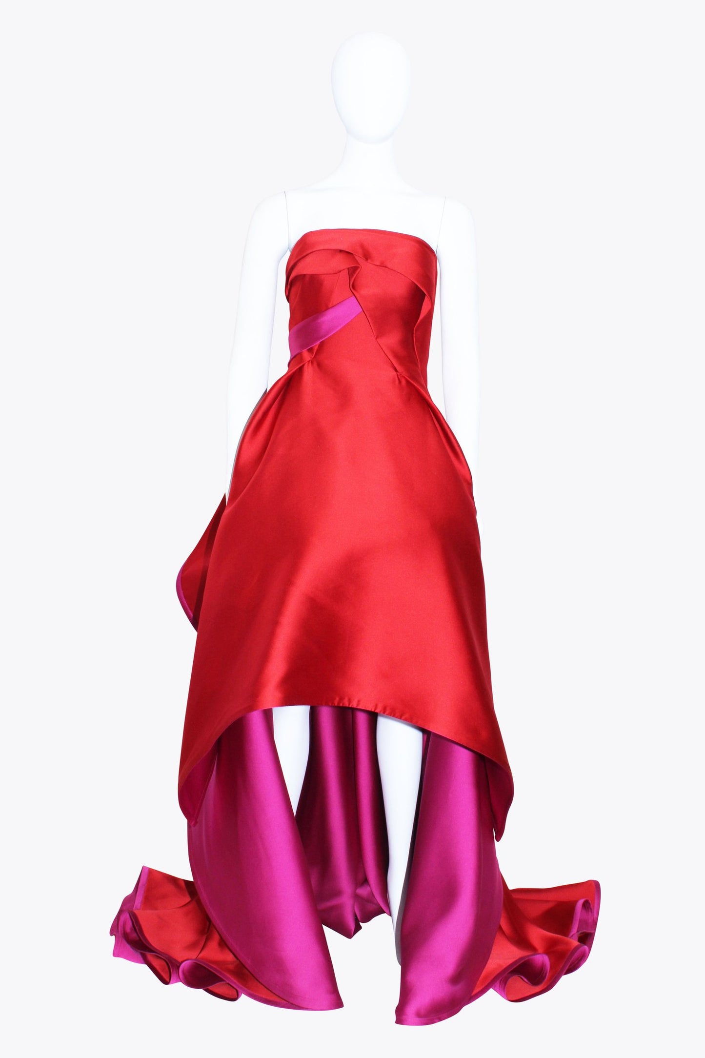 Rubin Singer Red Strapless Gown With Pink Underskirt