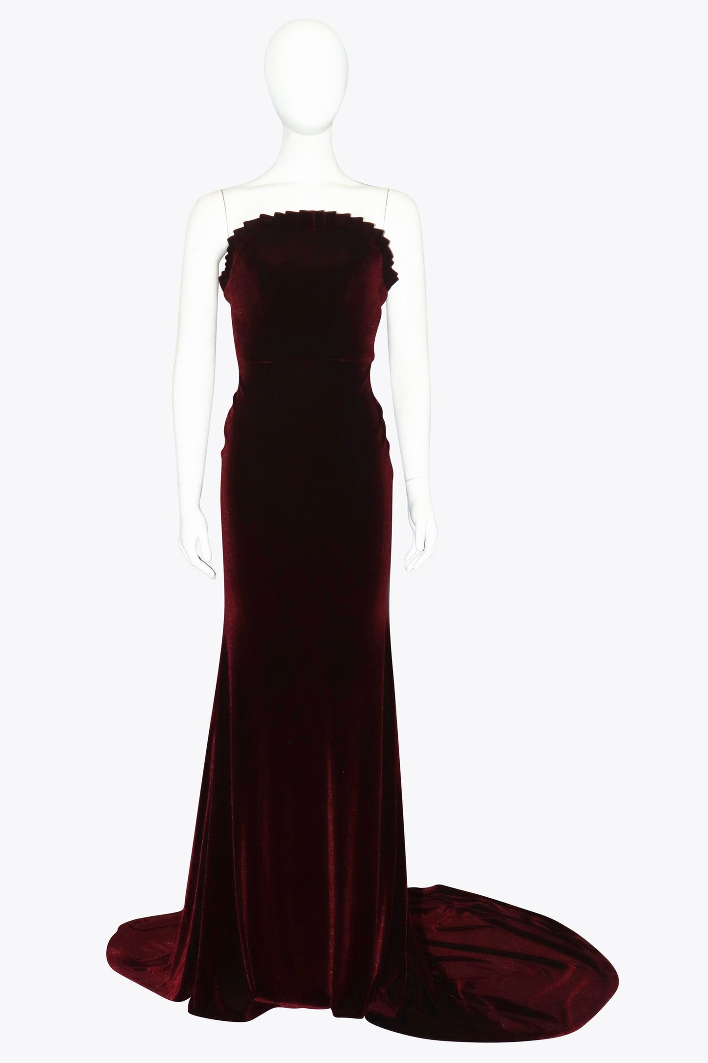 Red Velvet Strapless Gown With Train