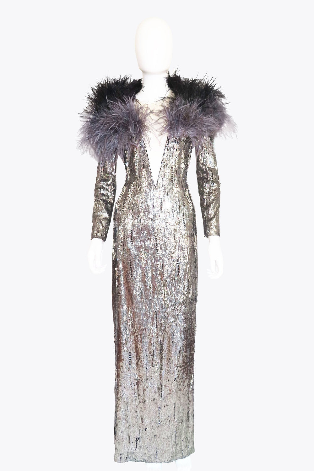 Silver Sequin Gown with Feathers