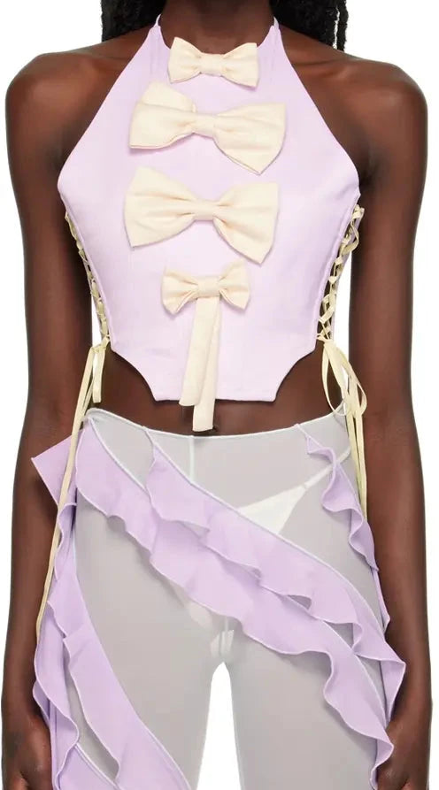 Fanci Club Purple Halter Top With Bow Detail