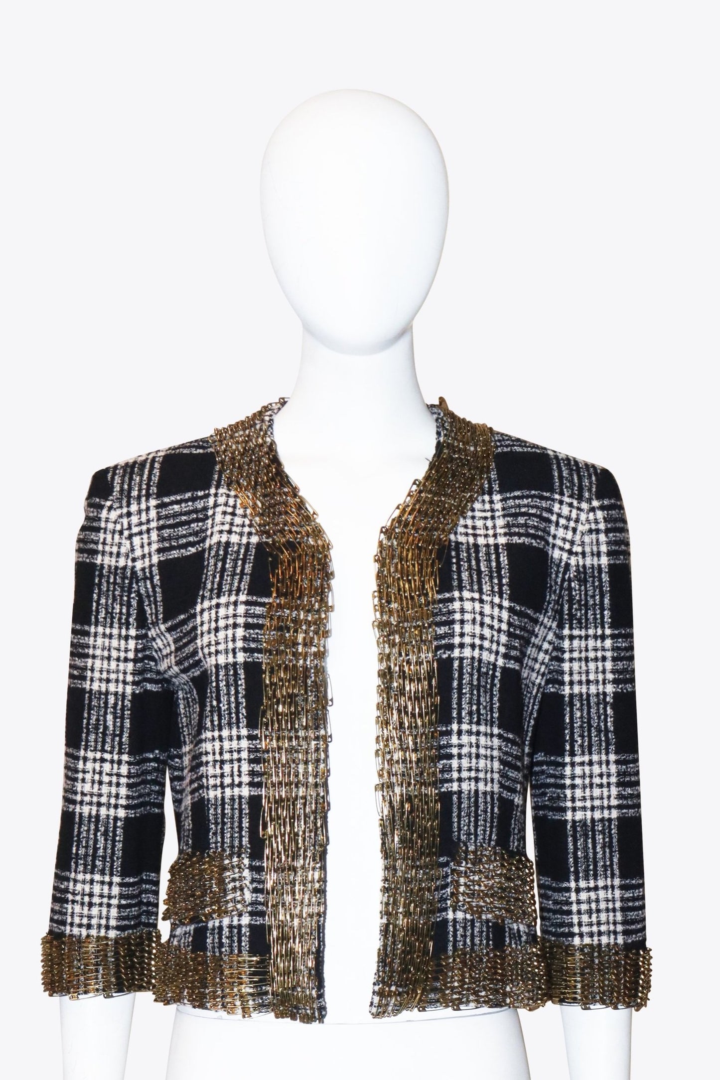 Moschino Black & White Plaid Wool Safety Pink Jacket