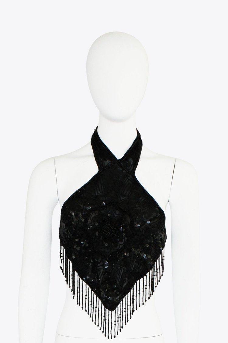 Versace Black Beaded Halter Crop Top