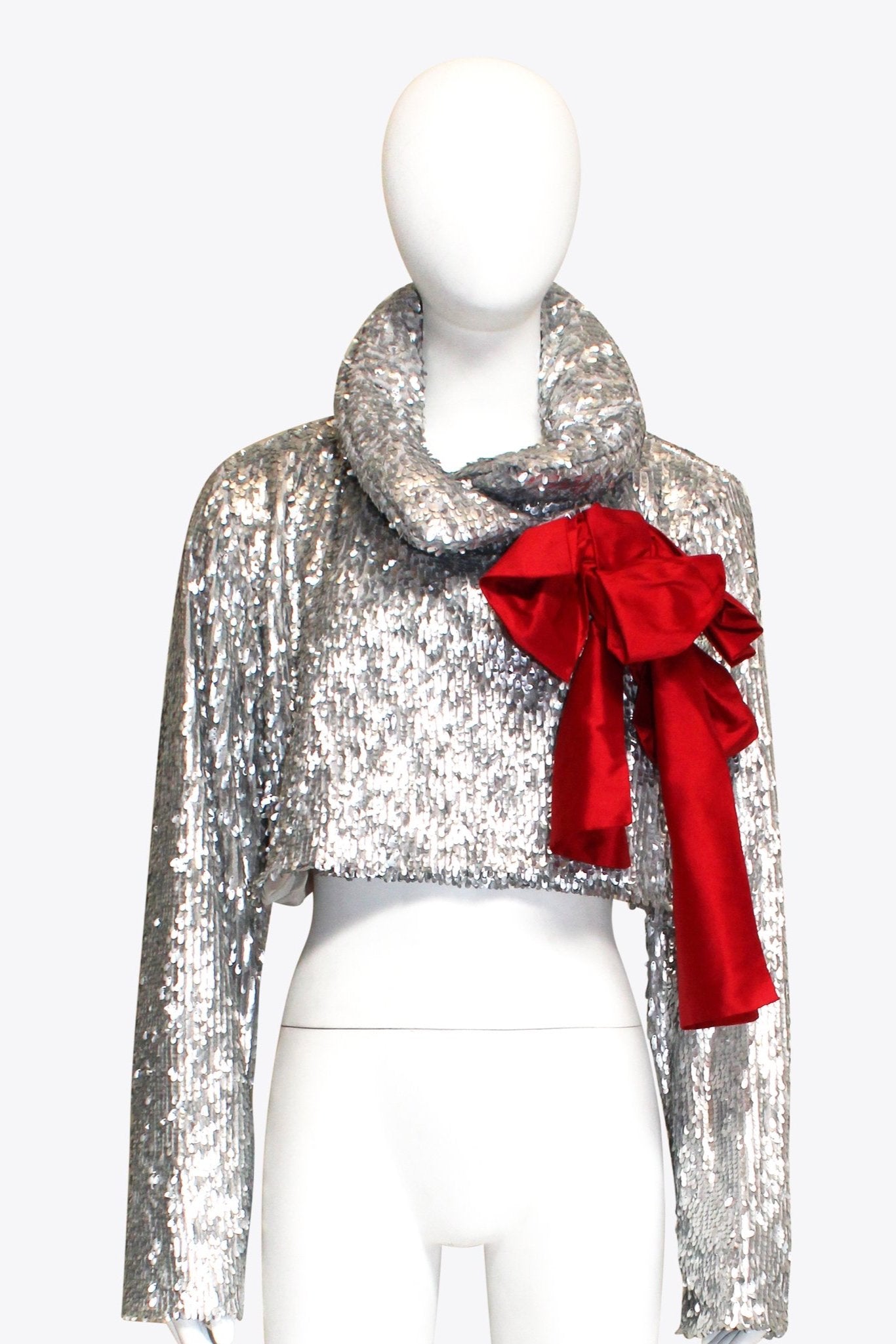 Norma Kamali Silver Sequin Cropped Jacket With Red Bow