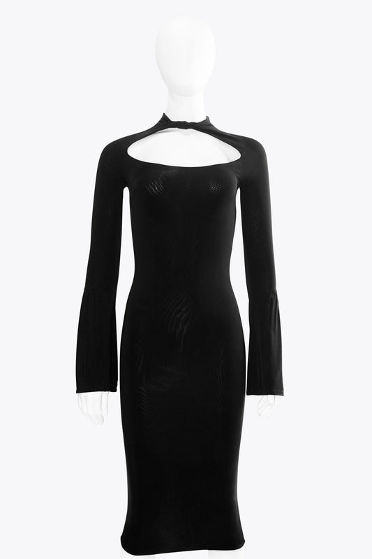 Gucci Black Keyhole Dress With Mock Neck & Bell Sleeve Detail