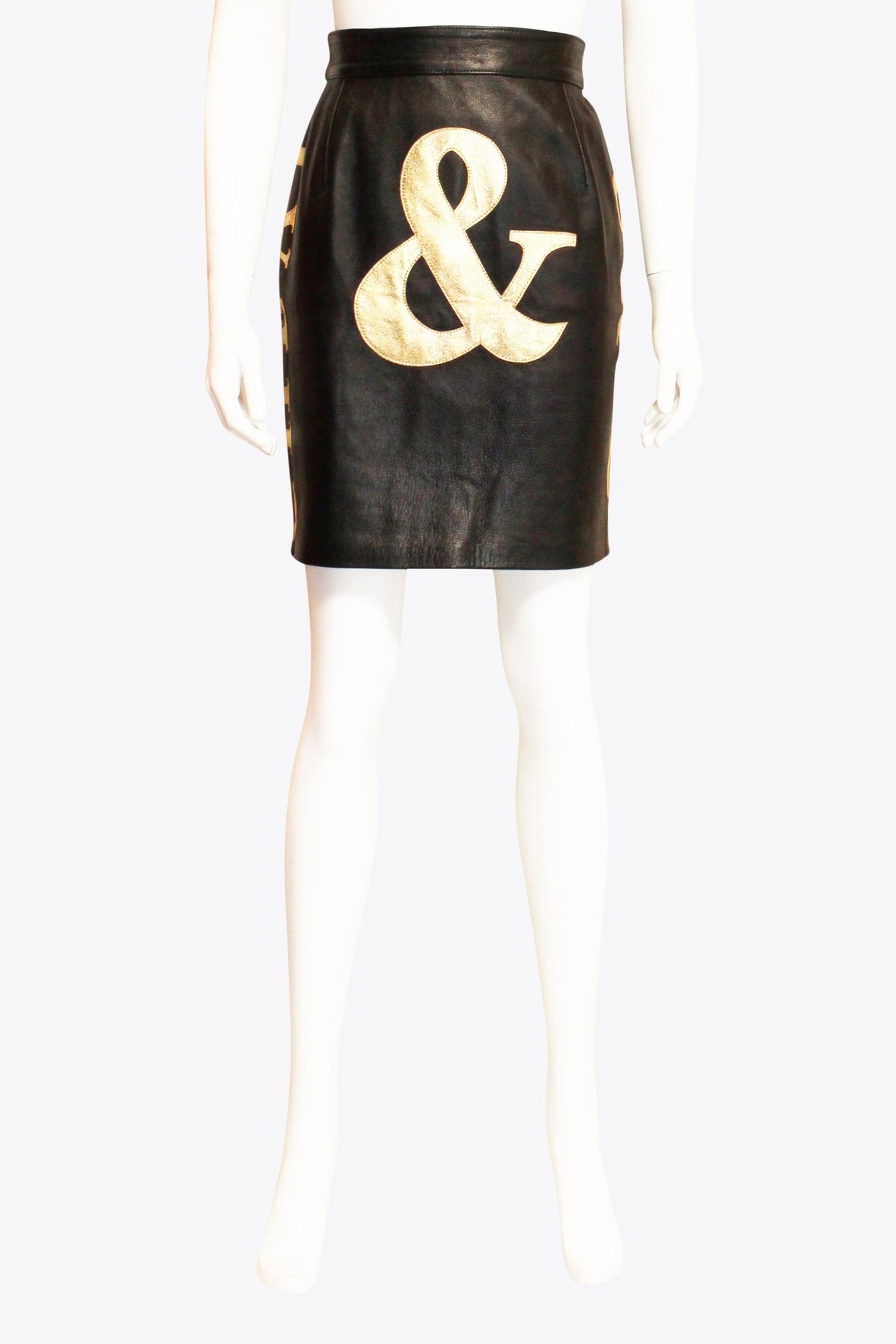 Moschinoo Black Leather Skirt With Gold "&" Sign